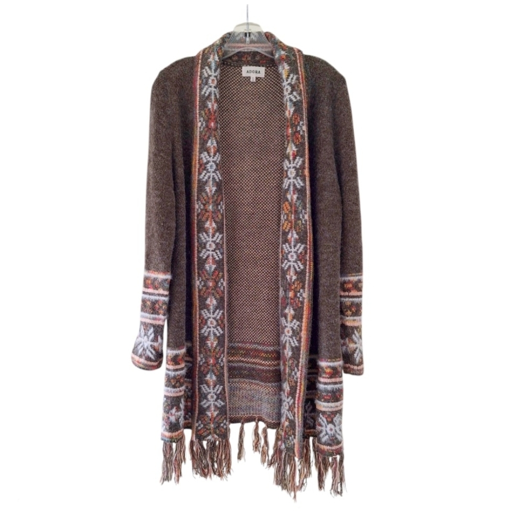 Adora Long Southwestern Aztec Open Cardigan With Fringe M/L - Picture 2 of 14